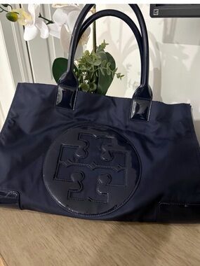Tory Burch Navy Nylon Logo Tote with Glossy Trim